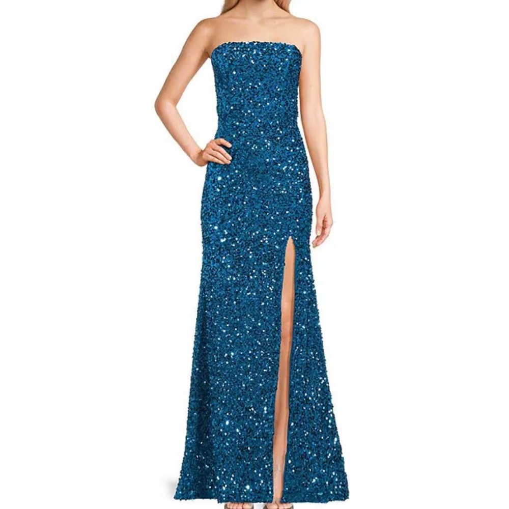 Sequin Strapless Long gown with a high front slit and fitted silhouette